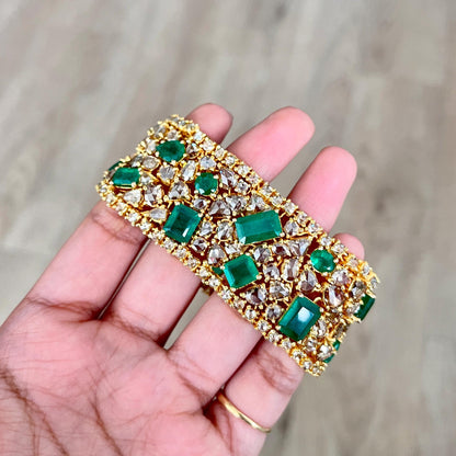 14k Gold Natural Zambian Emerald & Rose Cut Diamond Bracelet - 23.75 Carats Emerald, 31.1 Carats Diamond Victorian Bracelet