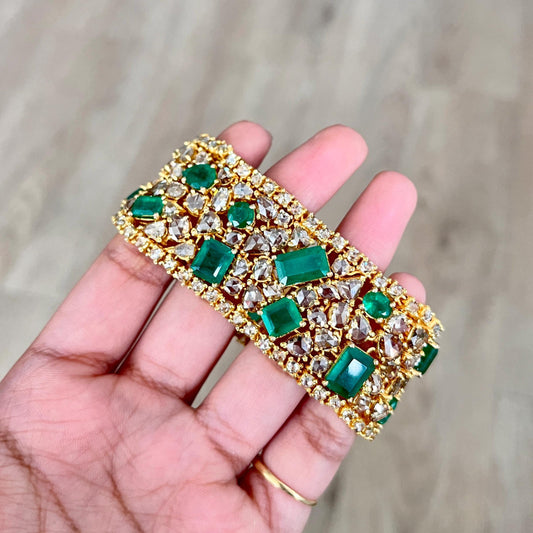 14k Gold Natural Zambian Emerald & Rose Cut Diamond Bracelet - 23.75 Carats Emerald, 31.1 Carats Diamond Victorian Bracelet