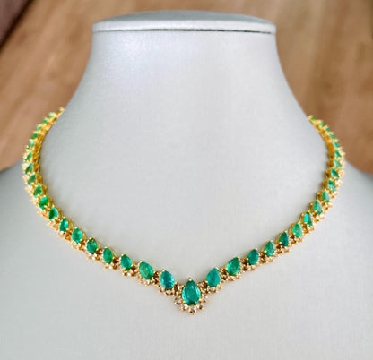14k Gold Natural Zambian Emerald & Rose Cut Diamond Necklace - 15.74 Carats Emerald, 4.18 Carats Diamond Victorian Necklace
