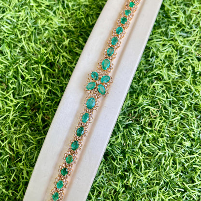 14k Gold Natural Zambian Emerald & Rose Cut Diamond Bracelet - 9.4 Carats Emerald, 4.35 Carats Diamond Art Deco Bracelet