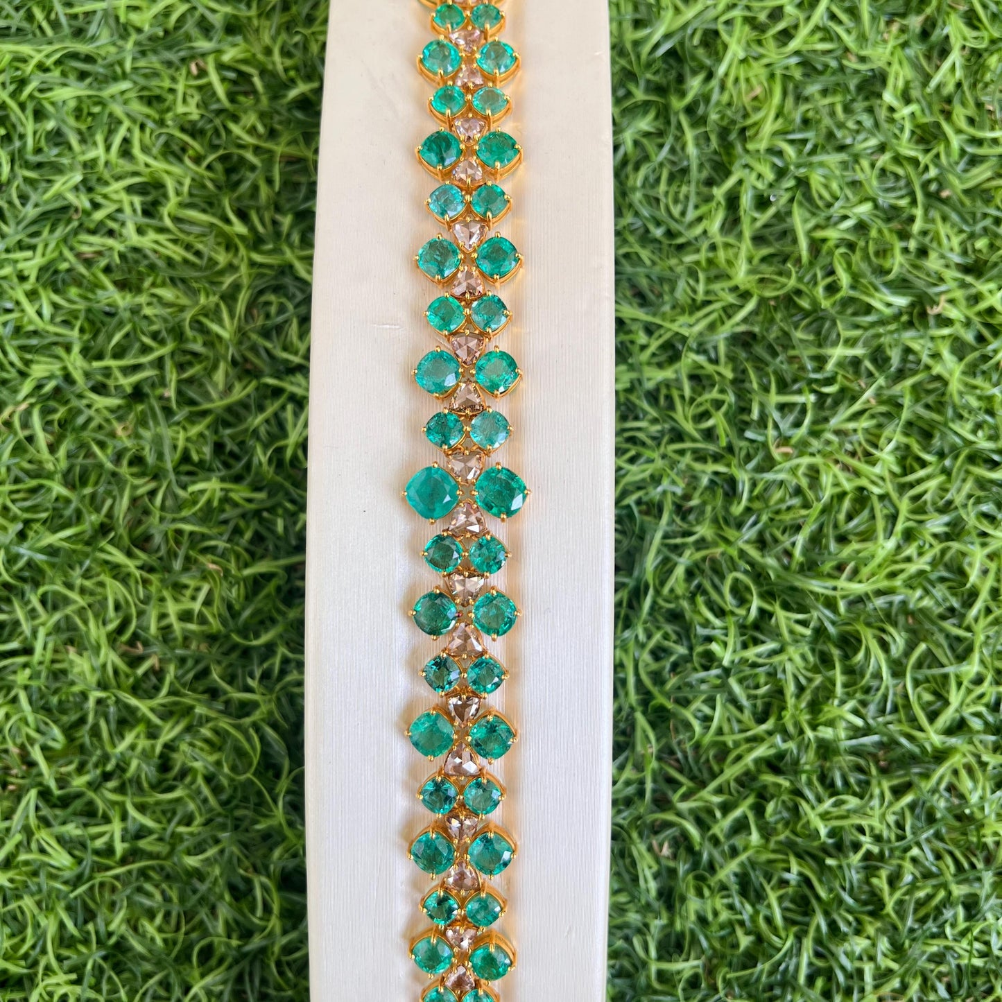 14k Gold Natural Zambian Emerald & Rose Cut Diamond Bracelet - 17.5 Carats Emerald, 3.02 Carats Diamond Art Deco Bracelet