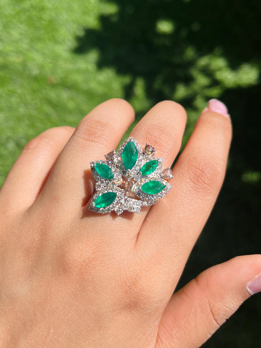 14k Gold Natural Zambian Emerald & Diamond Ring - 2.74 Carats Emerald, 1.93 Carats Diamond Art Nouveau Ring