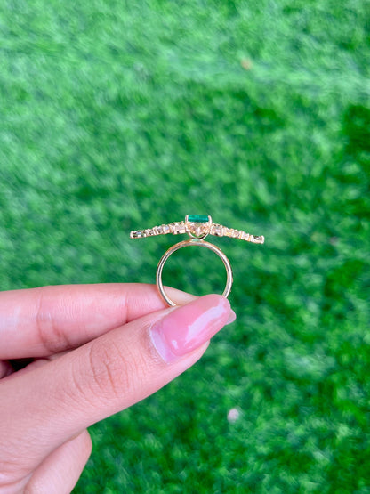 14k Gold Natural Zambian Emerald & Diamond Ring - 1.47 Carats Emerald, 2.69 Carats Diamond Art Nouveau Ring