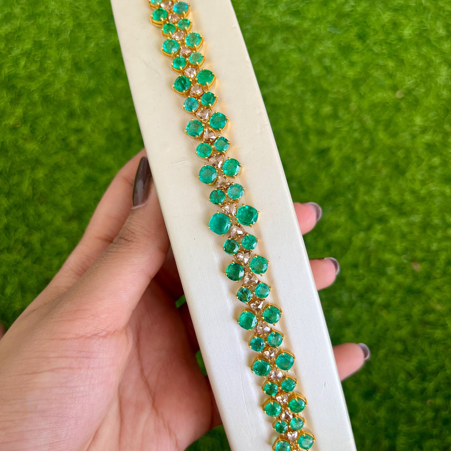 14k Gold Natural Zambian Emerald & Rose Cut Diamond Bracelet - 17.5 Carats Emerald, 3.02 Carats Diamond Art Deco Bracelet