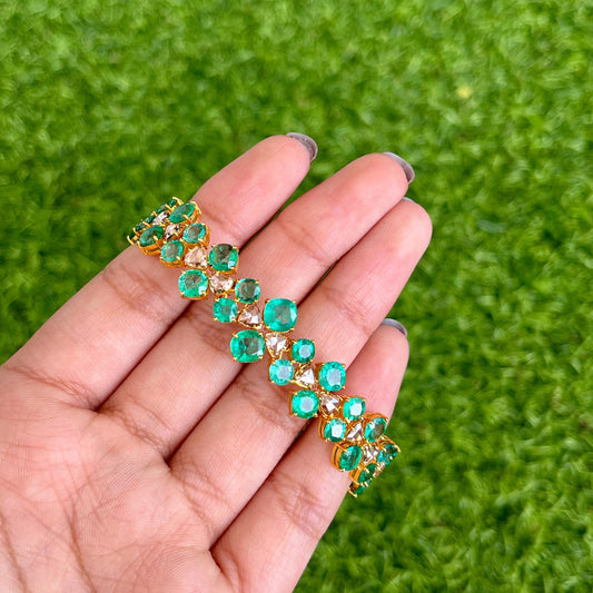 14k Gold Natural Zambian Emerald & Rose Cut Diamond Bracelet - 17.5 Carats Emerald, 3.02 Carats Diamond Art Deco Bracelet