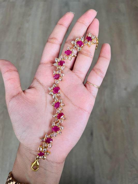 14k Gold Natural Ruby & Rose Cut Diamond Bracelet - 7.49 Carats Ruby, 9.03 Carats Diamond Art Nouveau Bracelet