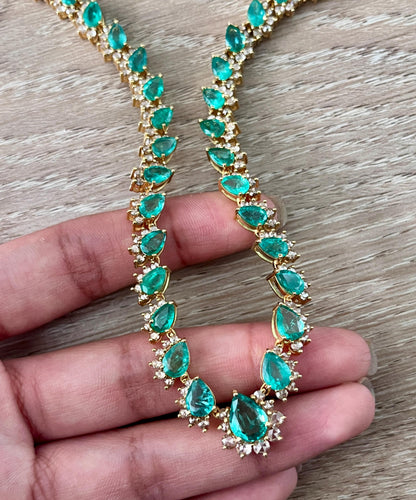 14k Gold Natural Zambian Emerald & Rose Cut Diamond Necklace - 15.74 Carats Emerald, 4.18 Carats Diamond Victorian Necklace