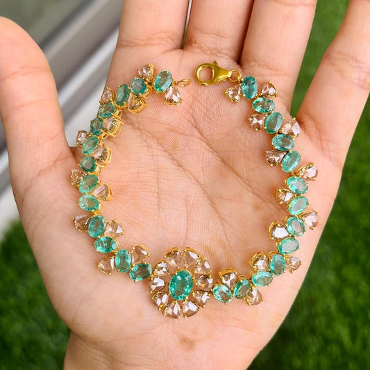 14k Gold Natural Zambian Emerald & Rose Cut Diamond Bracelet - 11.93 Carats Emerald, 6.75 Carats Diamond Victorian Bracelet