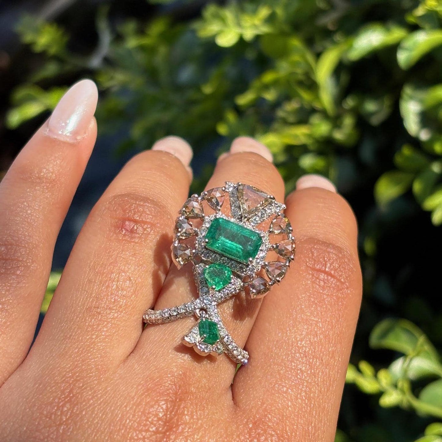 14k Gold Natural Zambian Emerald & Diamond Ring - 2.18 Carats Emerald, 2.45 Carats Diamond Art Deco Ring