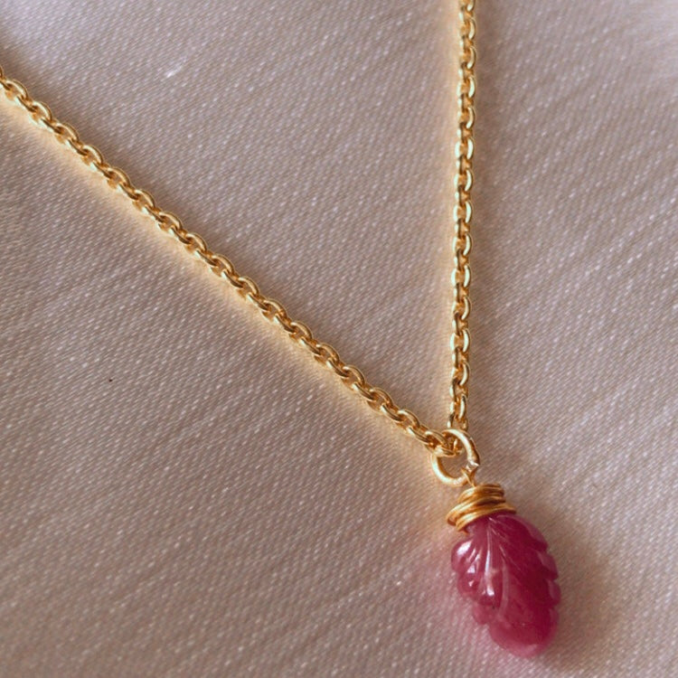 Delicate Ruby Leaf Pendant Necklace