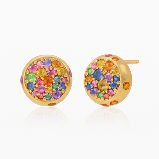 Solid Gold Natural Rainbow Sapphire Dome Minimalist Stud Earrings
