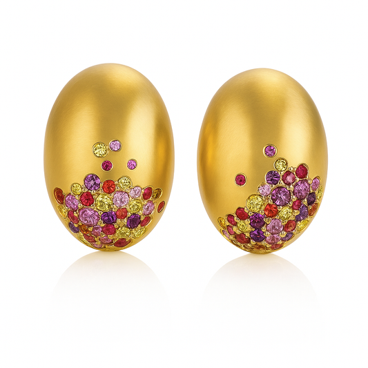 Solid Gold Natural Rainbow Sapphire Oval Avant Garde Stud Earrings