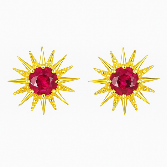 Solid Gold Natural Ruby Sunburst Art Deco Stud Earrings