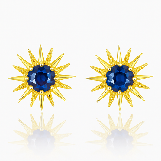 Solid Gold Natural Blue Sapphire Sunburst Art Deco Stud Earrings