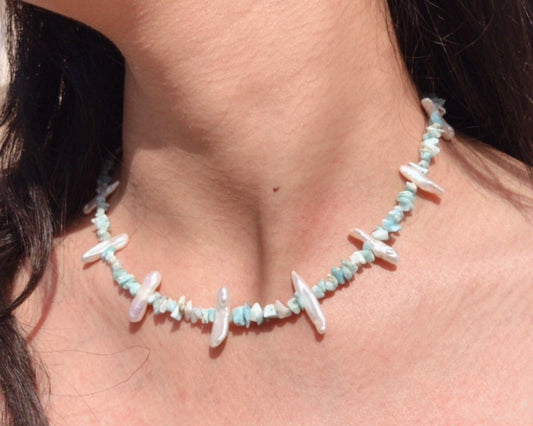 Larimar And Fresh Water Pearl Beaded Necklace