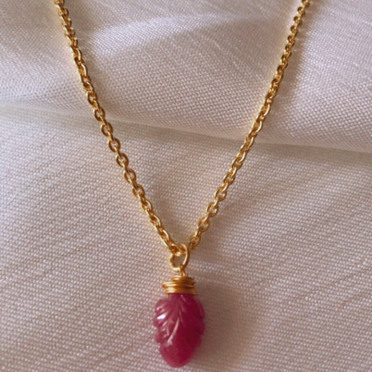 Delicate Ruby Leaf Pendant Necklace