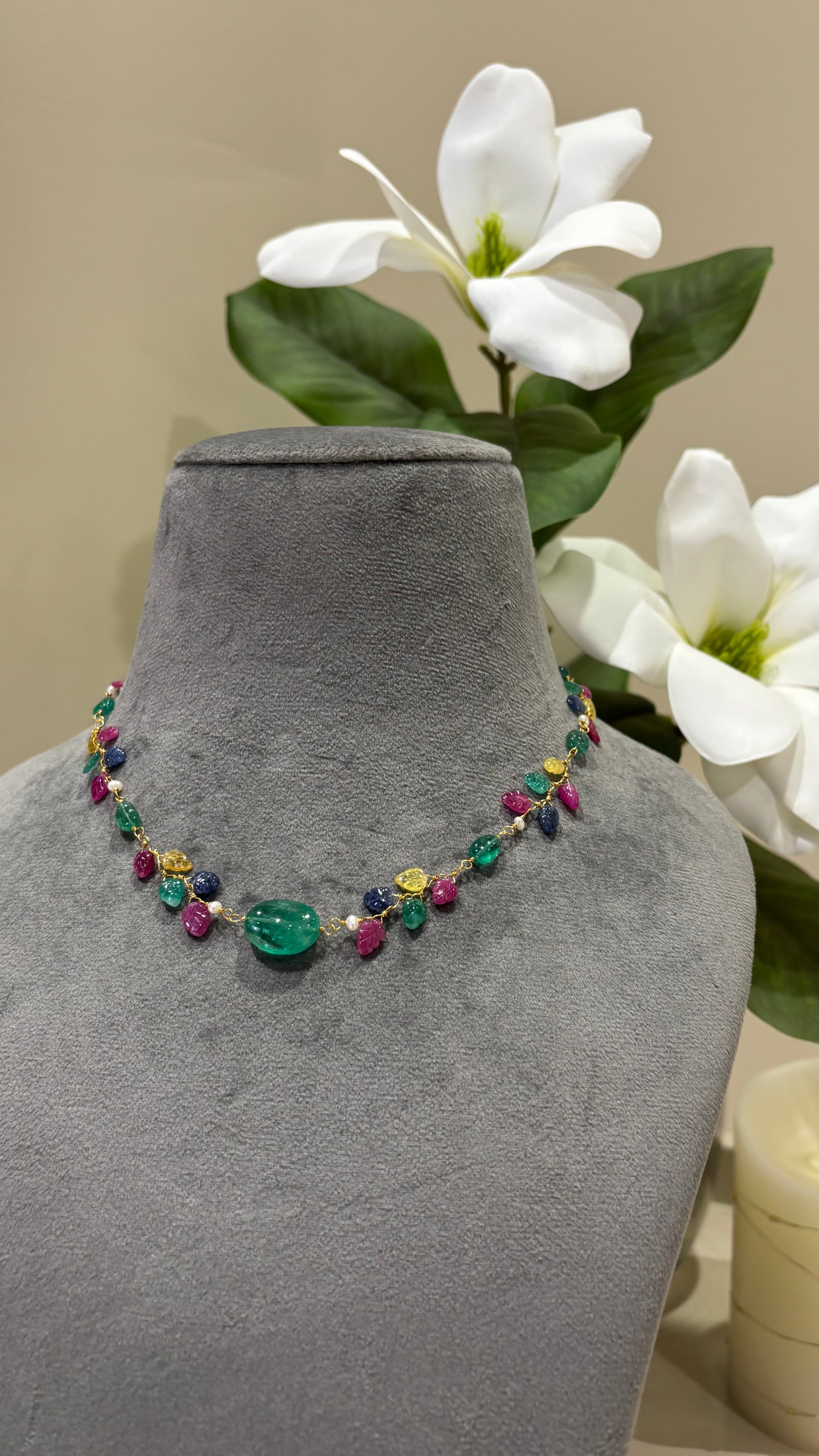 The Celeste Garland Necklace III - 14k Gold Natural Zambian Emerald, Sapphire & Ruby Art Nouveau Beaded Necklace