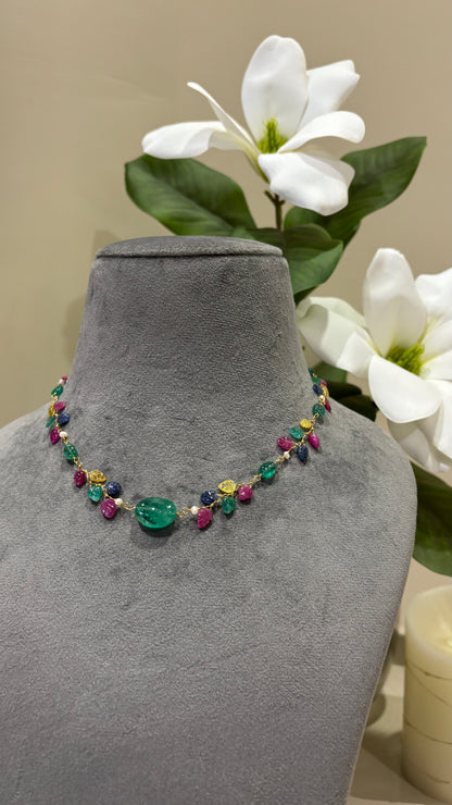 The Celeste Garland Necklace III - 14k Gold Natural Zambian Emerald, Sapphire & Ruby Art Nouveau Beaded Necklace