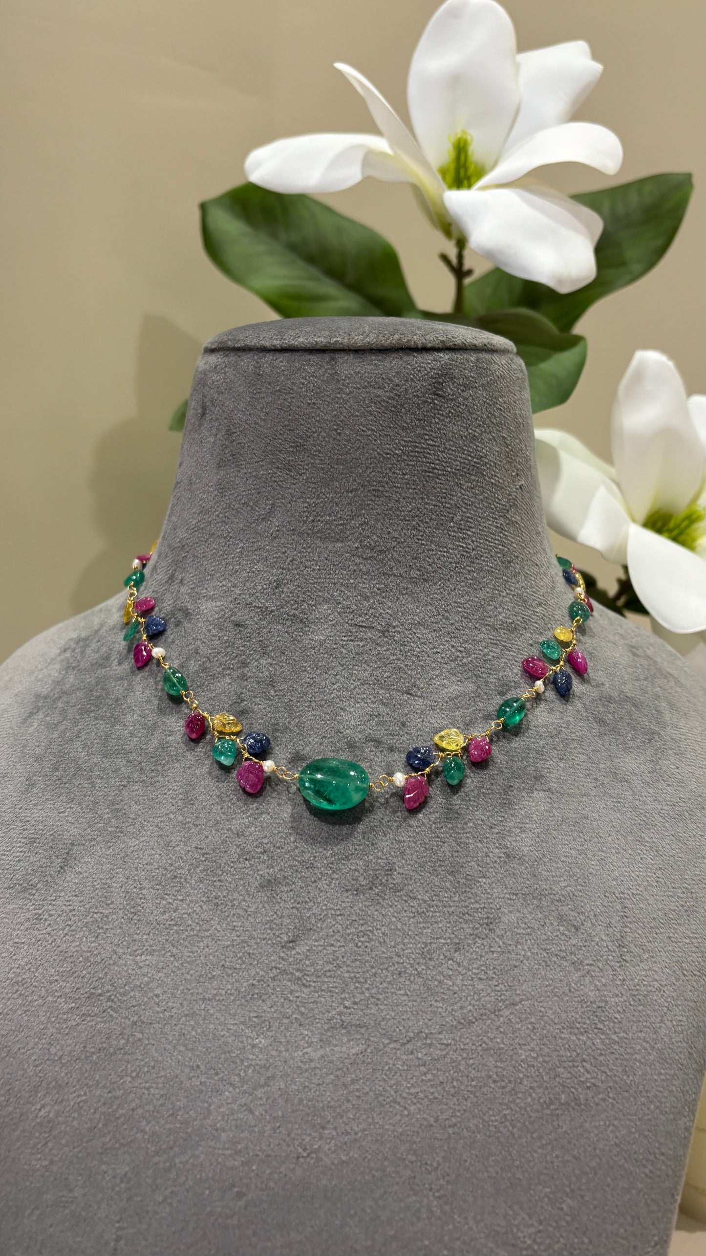 The Celeste Garland Necklace III - 14k Gold Natural Zambian Emerald, Sapphire & Ruby Art Nouveau Beaded Necklace