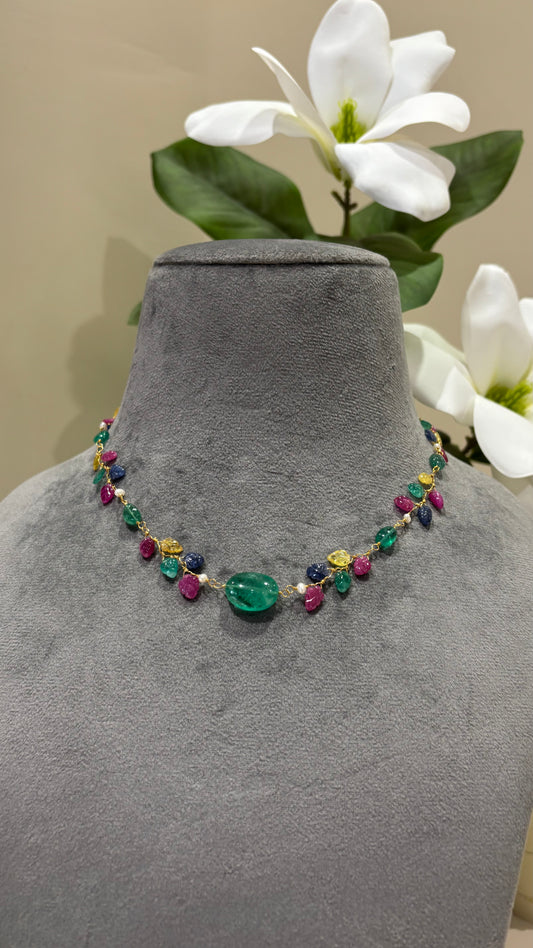 The Celeste Garland Necklace III - 14k Gold Natural Zambian Emerald, Sapphire & Ruby Art Nouveau Beaded Necklace