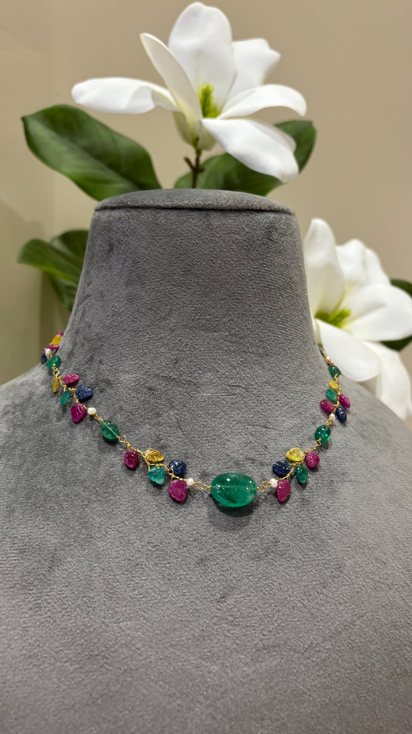 The Celeste Garland Necklace III - 14k Gold Natural Zambian Emerald, Sapphire & Ruby Art Nouveau Beaded Necklace