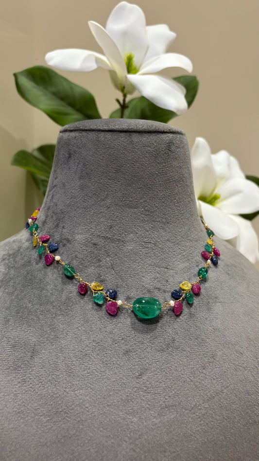 The Celeste Garland Necklace III - 14k Gold Natural Zambian Emerald, Sapphire & Ruby Art Nouveau Beaded Necklace