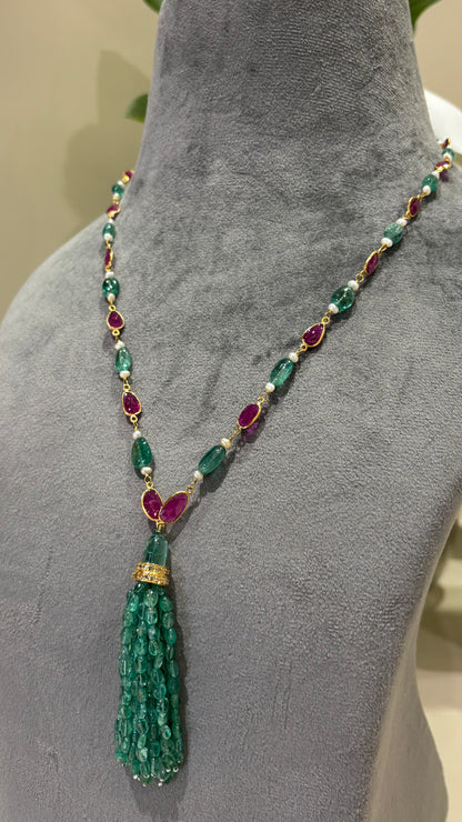 14k Gold Natural Zambian Emerald, Ruby & Rose Cut Diamond Boho Victorian Beaded Tassel Necklace