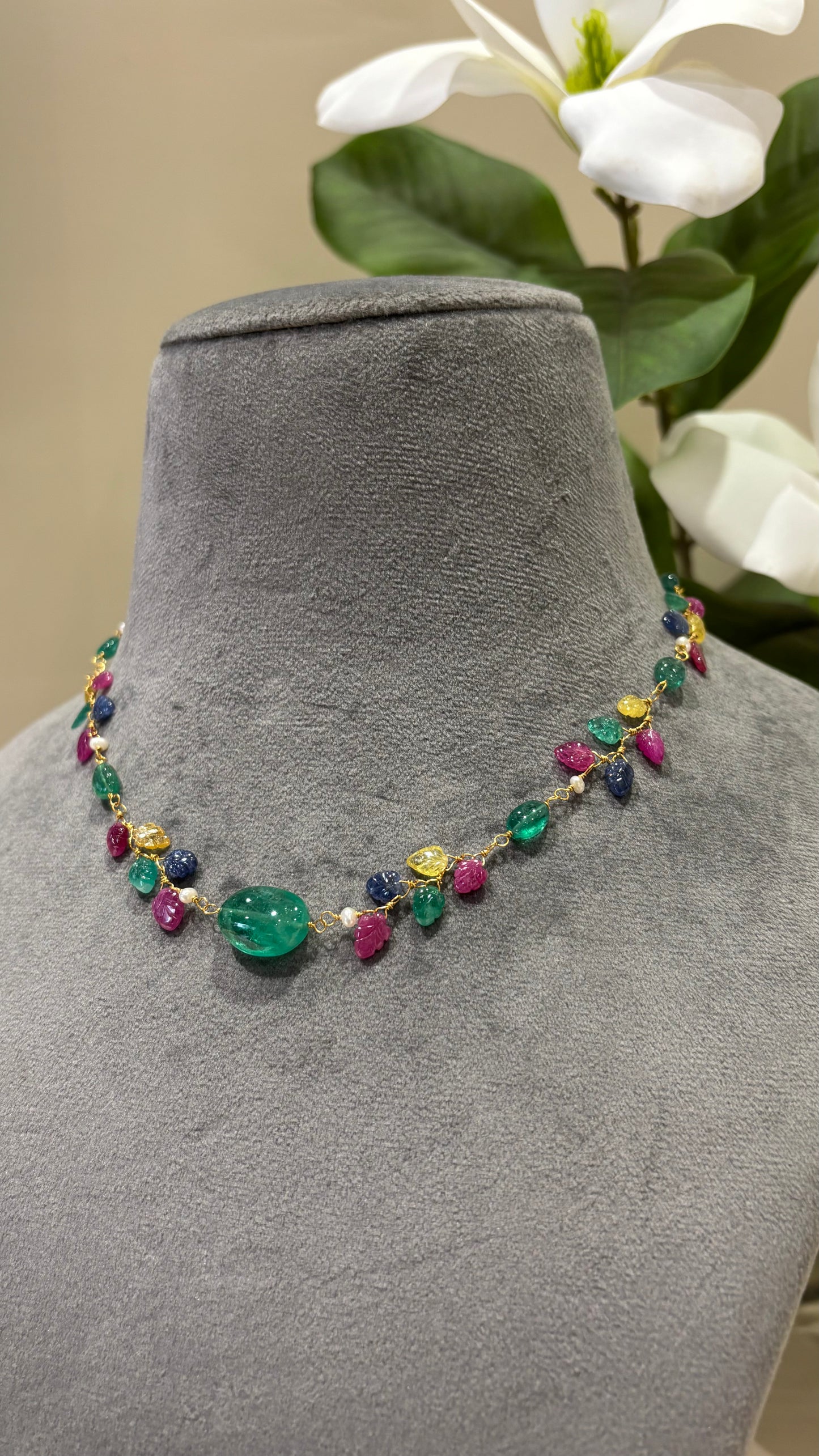 The Celeste Garland Necklace III - 14k Gold Natural Zambian Emerald, Sapphire & Ruby Art Nouveau Beaded Necklace