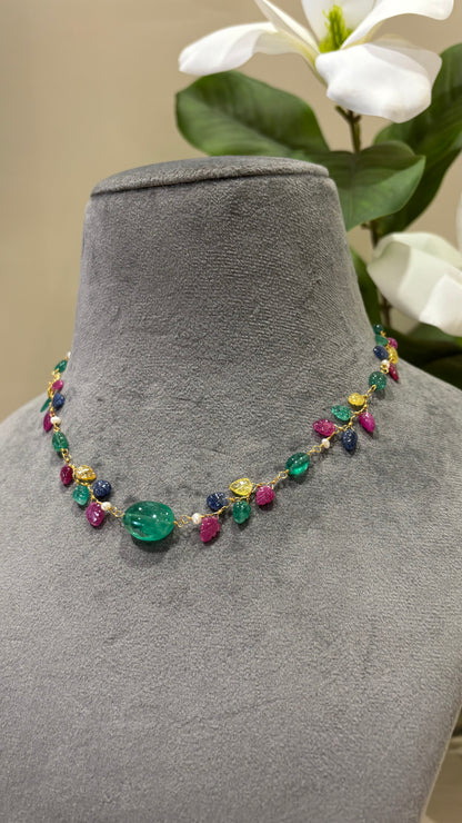 The Celeste Garland Necklace III - 14k Gold Natural Zambian Emerald, Sapphire & Ruby Art Nouveau Beaded Necklace