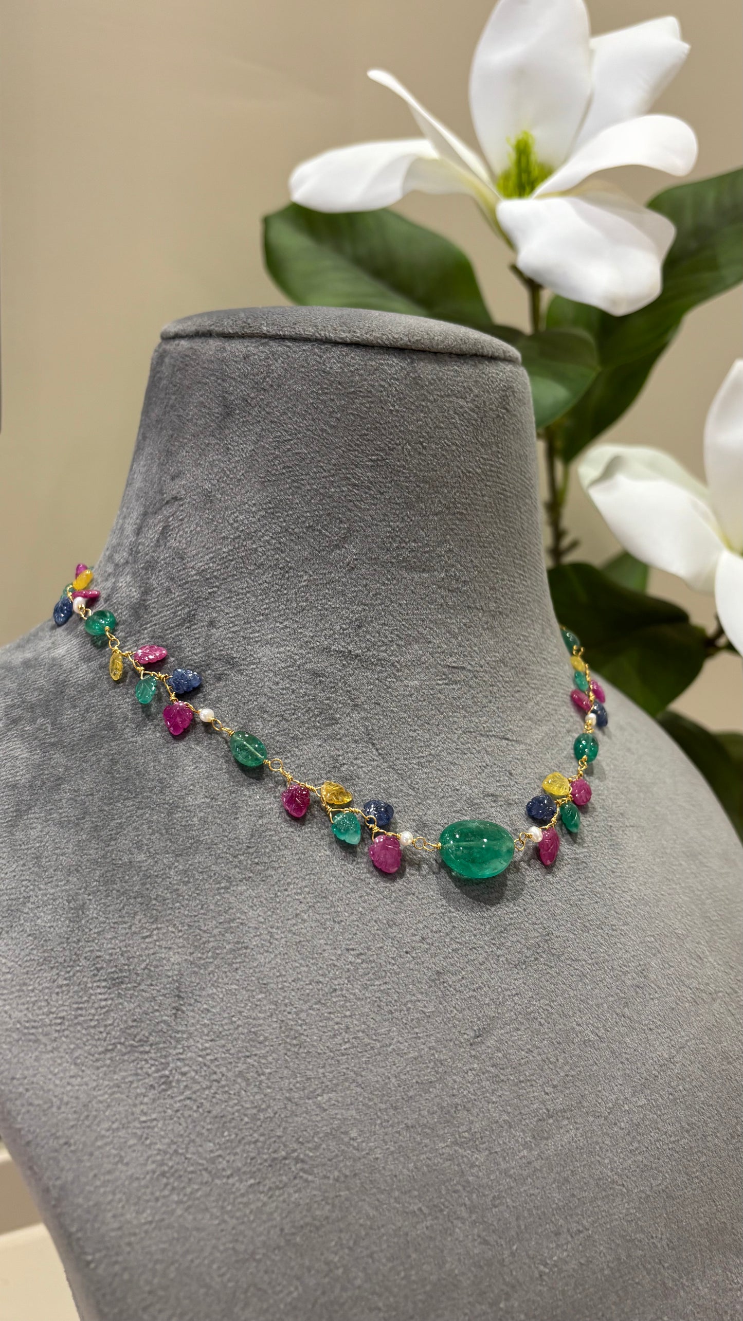 The Celeste Garland Necklace III - 14k Gold Natural Zambian Emerald, Sapphire & Ruby Art Nouveau Beaded Necklace