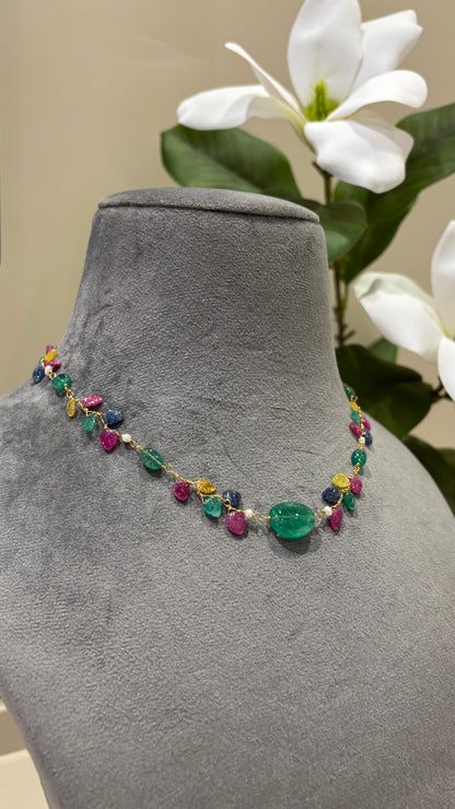 The Celeste Garland Necklace III - 14k Gold Natural Zambian Emerald, Sapphire & Ruby Art Nouveau Beaded Necklace