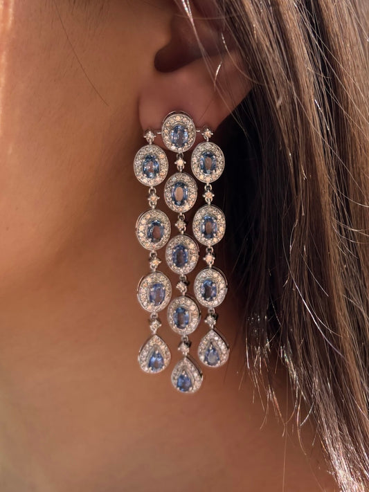 14k Gold Natural Blue Sapphire & Diamond Earrings - 13.78 Carats Sapphire, 7.53 Carats Diamond Art Deco Earrings