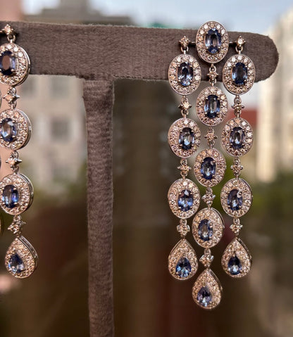 14k Gold Natural Blue Sapphire & Diamond Earrings - 13.78 Carats Sapphire, 7.53 Carats Diamond Art Deco Earrings