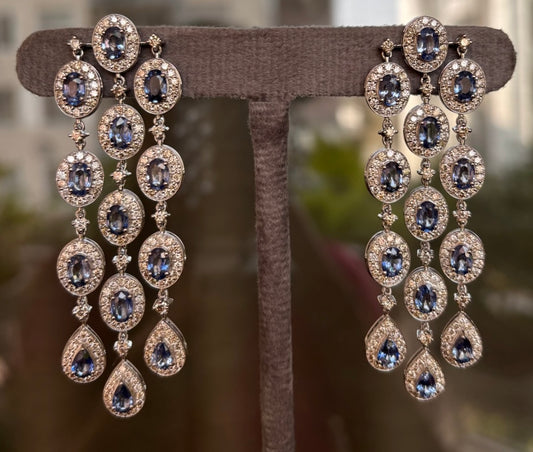 14k Gold Natural Blue Sapphire & Diamond Earrings - 13.78 Carats Sapphire, 7.53 Carats Diamond Art Deco Earrings