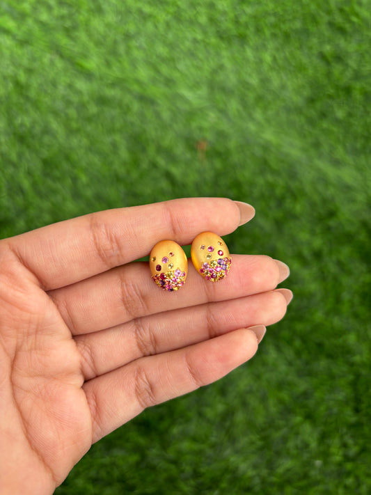 Solid Gold Natural Rainbow Sapphire Oval Avant Garde Stud Earrings