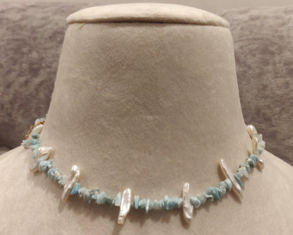 Larimar And Fresh Water Pearl Beaded Necklace