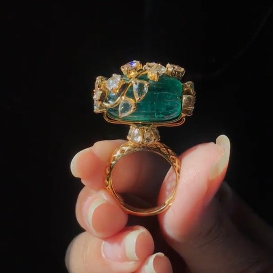 14k Gold Natural Zambian Emerald & Rose Cut Diamond Ring - 21.5 Carats Emerald, 2.51 Carats Diamond Victorian Ring
