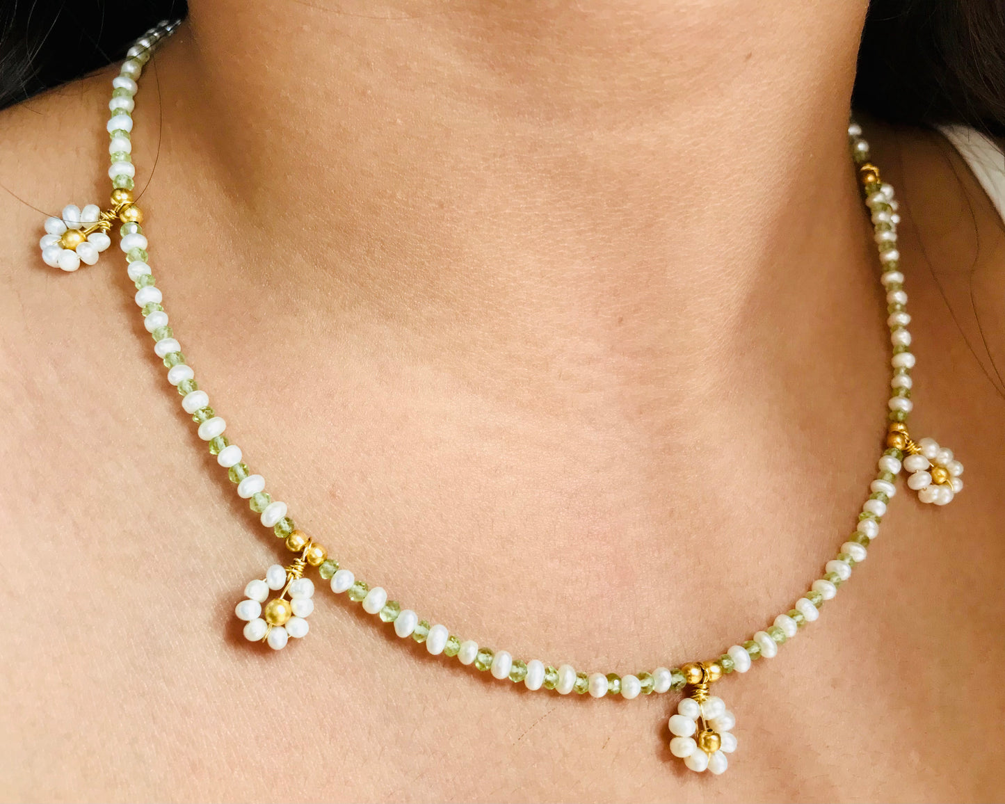 Spring Has Sprung Pearl-Peridot Daisy Necklace