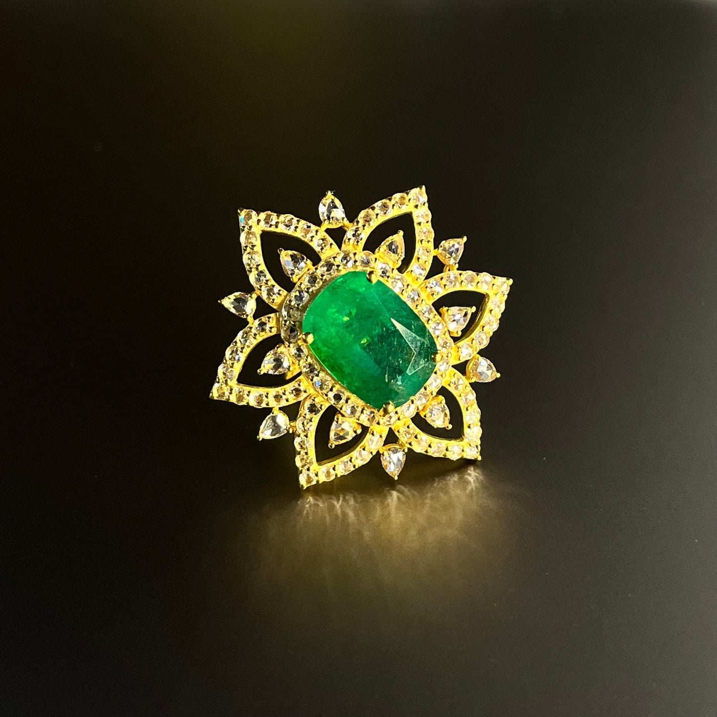 14k Gold Natural Zambian Emerald & Rose Cut Diamond Ring - 6.35 Carats Emerald, 2.29 Carats Diamond Victorian Ring