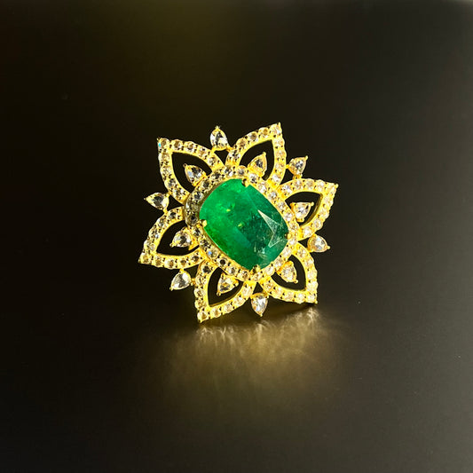 14k Gold Natural Zambian Emerald & Rose Cut Diamond Ring - 6.35 Carats Emerald, 2.29 Carats Diamond Victorian Ring