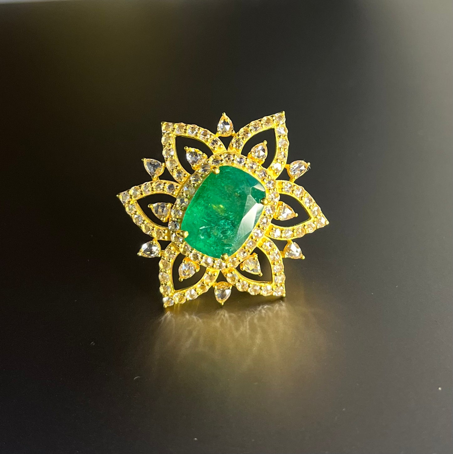 14k Gold Natural Zambian Emerald & Rose Cut Diamond Ring - 6.35 Carats Emerald, 2.29 Carats Diamond Victorian Ring