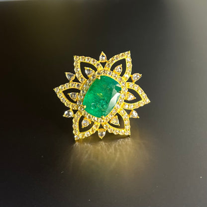 14k Gold Natural Zambian Emerald & Rose Cut Diamond Ring - 6.35 Carats Emerald, 2.29 Carats Diamond Victorian Ring