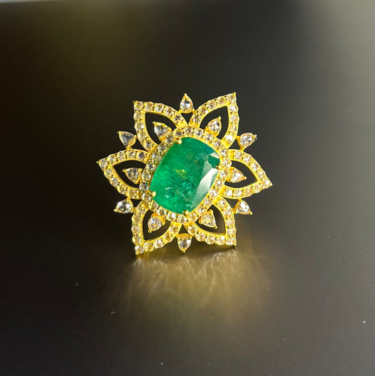 14k Gold Natural Zambian Emerald & Rose Cut Diamond Ring - 6.35 Carats Emerald, 2.29 Carats Diamond Victorian Ring