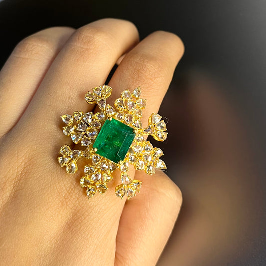 14k Gold Natural Zambian Emerald & Rose Cut Diamond Ring - 3.85 Carats Emerald, 3.56 Carats Diamond Victorian Ring