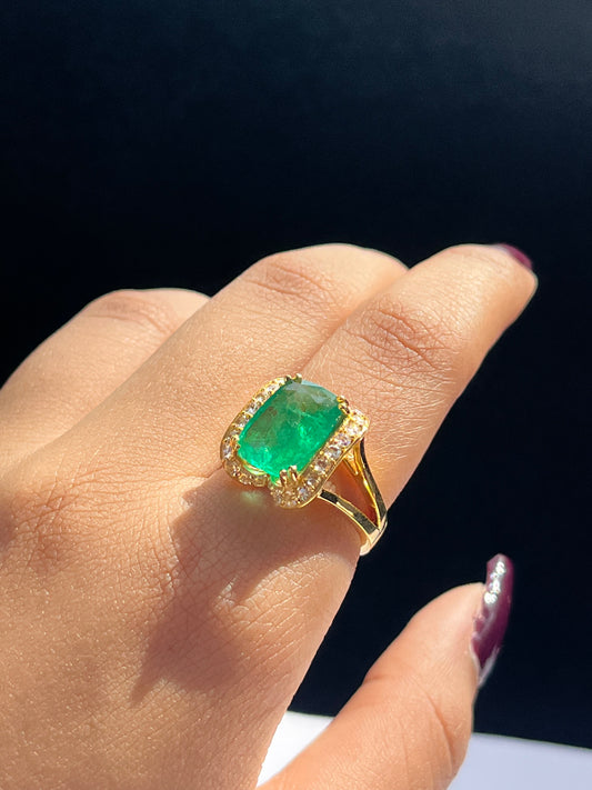 14k Gold Natural Zambian Emerald & Rose Cut Diamond Ring - 3.74 Carats Emerald, 0.39 Carats Diamond Mid-Century Ring