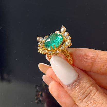14k Gold Natural Zambian Emerald & Rose Cut Diamond Ring - 7.04 Carats Emerald, 2.57 Carats Diamond Victorian Ring