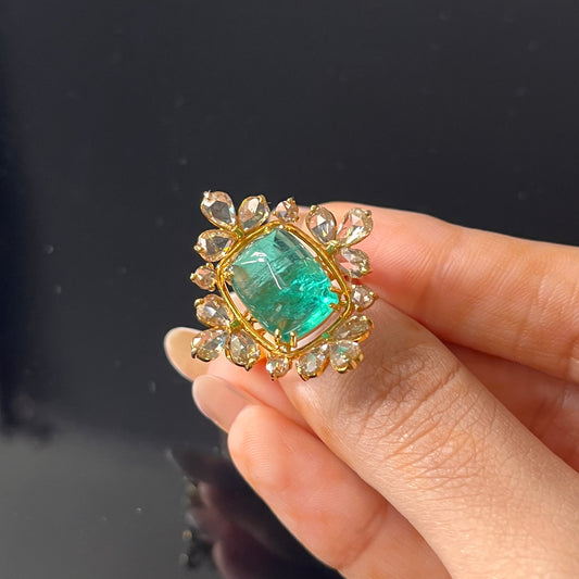14k Gold Natural Zambian Emerald & Rose Cut Diamond Ring - 7.04 Carats Emerald, 2.57 Carats Diamond Victorian Ring