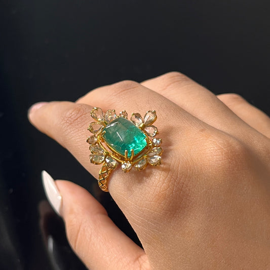 14k Gold Natural Zambian Emerald & Rose Cut Diamond Ring - 7.04 Carats Emerald, 2.57 Carats Diamond Victorian Ring