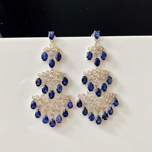 14k Gold Natural Blue Sapphire & Diamond Earrings - 15.57 Carats Sapphire, 4.46 Carats Diamond Victorian Earrings
