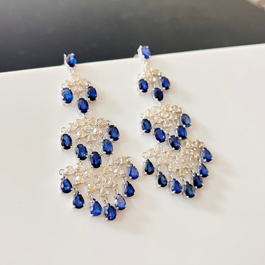 14k Gold Natural Blue Sapphire & Diamond Earrings - 15.57 Carats Sapphire, 4.46 Carats Diamond Victorian Earrings